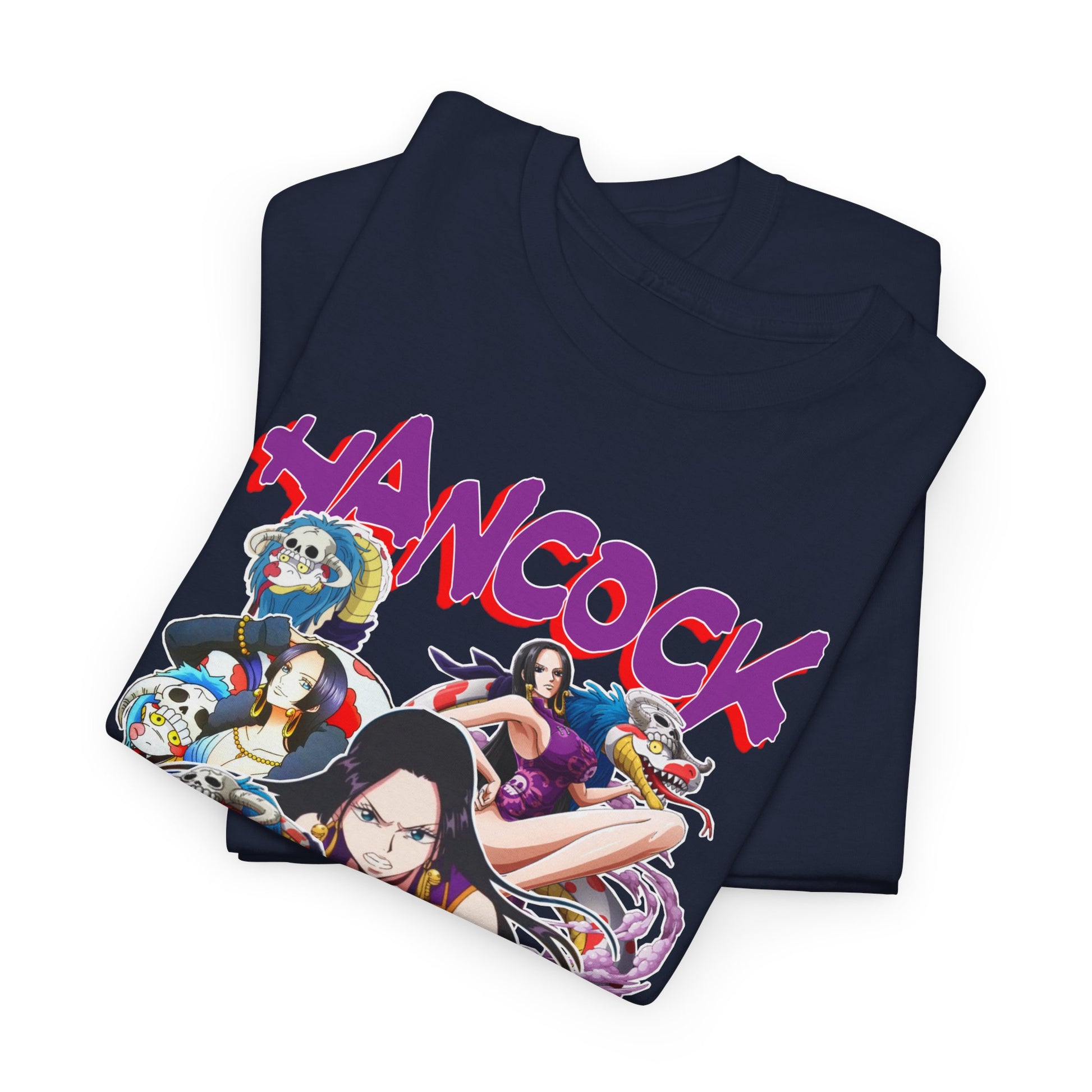 Luxurious navy blue Boa Hancock T-shirt featuring vibrant anime-inspired artwork, showcasing a dynamic collage of One Piece characters with striking typography spelling 'HANCOCK'.