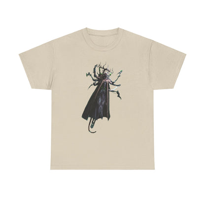 Chic unisex t-shirt showcasing an intricate illustration of a multi-limbed humanoid in a dark robe, embodying a blend of humour and fantasy.