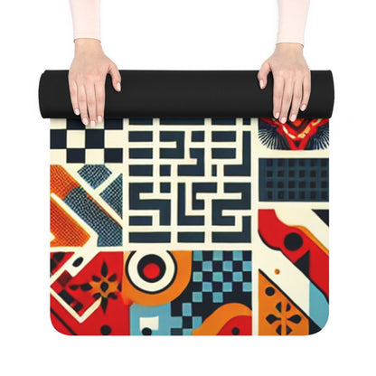 Stylish outdoor yoga setting with the Elara Stirling Vibrant Yoga Mat by Dazzling Dreams Studio, illustrating its portable design and modern aesthetics.