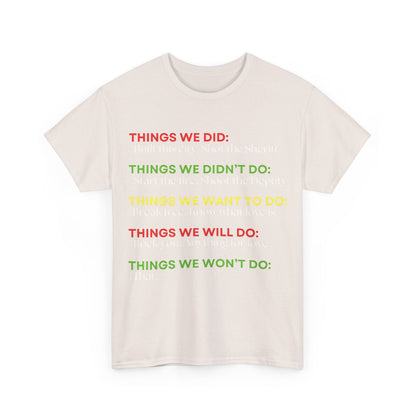 Front view of the Rock Anthems Tribute Unisex Cotton T-Shirt Graphic Tee, featuring vibrant text quotes inspired by legendary rock anthems on a soft cream backdrop.