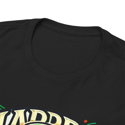 Close-up view of the neckline of a premium quality St Patricks Day unisex graphic t-shirt featuring a bold sugar skull print.