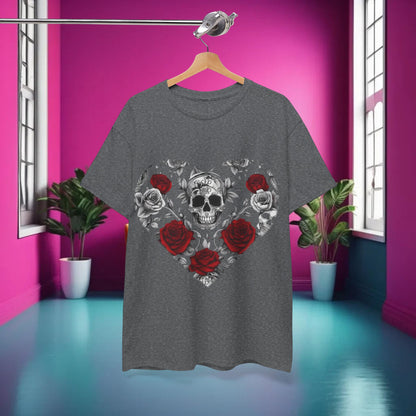 Skulls and Roses Cotton Tee, Unisex Graphic Shirt displayed against a vibrant pink interior, showcasing a striking steampunk skull surrounded by roses.