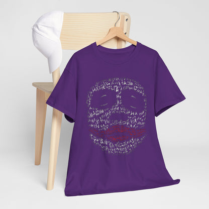 Luxurious purple graphic t-shirt featuring a stylized Joker face design, showcasing artistic 'HaHa' patterns and a vibrant red smile, elegantly displayed on a wooden hanger against a minimalistic backdrop.