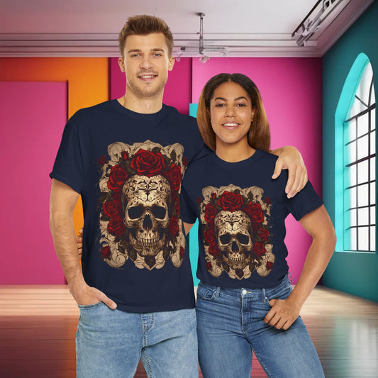Couple wearing the Skulls and Roses Cotton Tee in navy, highlighting a unique steampunk skull design surrounded by roses, perfect for unisex alternative style.