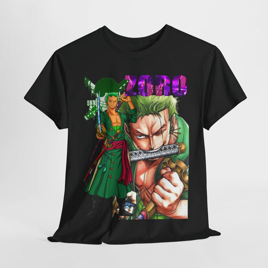 Luxury black Roronoa Zoro graphic t-shirt featuring a detailed, dynamic illustration of Zoro in his green outfit, embodying strength and style with vibrant purple and black accents.