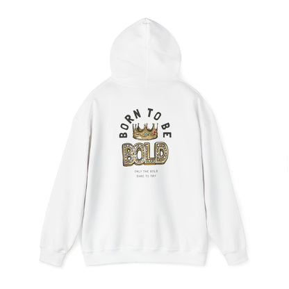 Rear view of a white BORN TO BE BOLD hoodie featuring a striking golden crown design, embodying luxury and individuality.