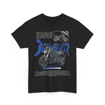 Luxurious Dominar 400 men's T-shirt in black showcasing a bold motorcycle design with striking blue graphics and performance details.