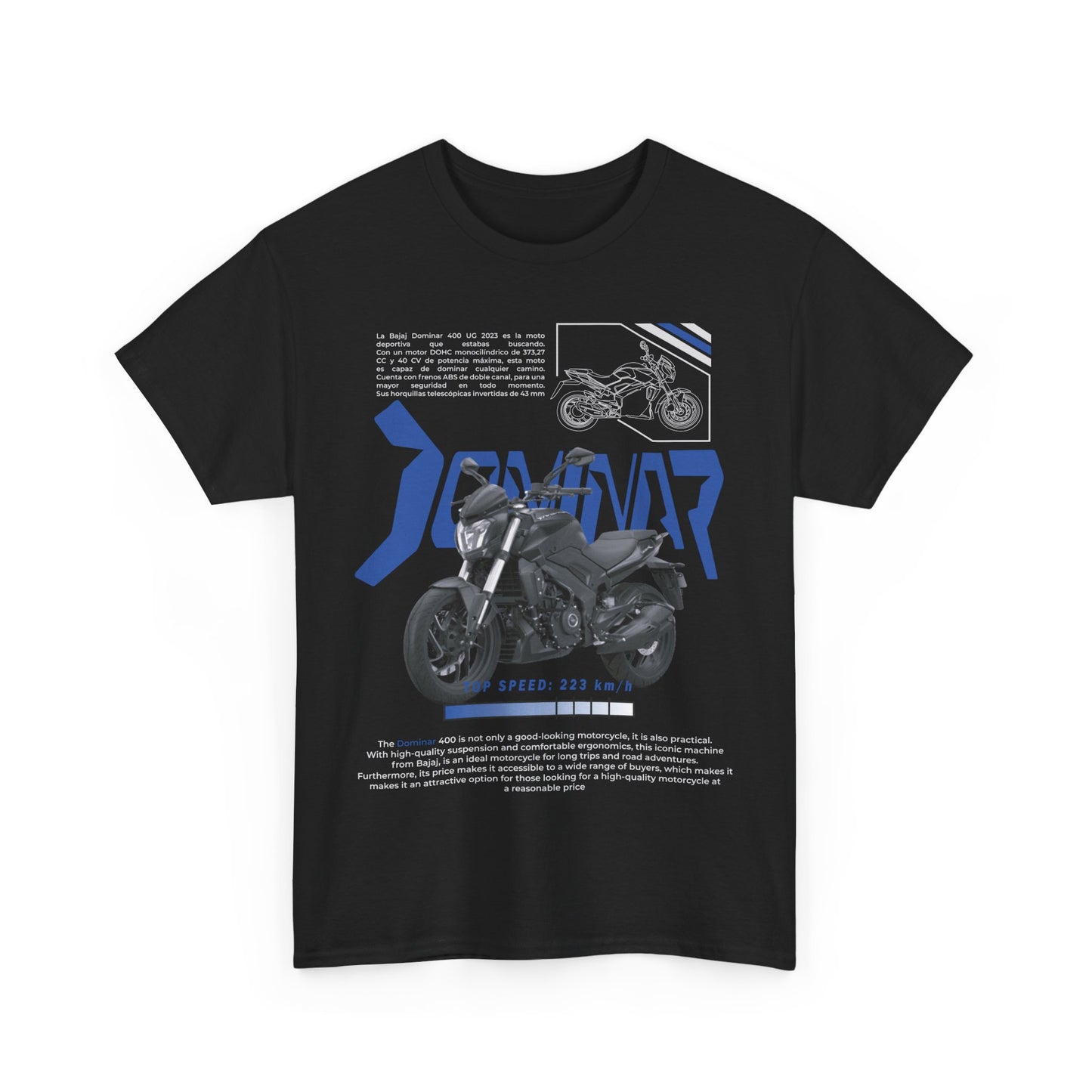 Stylish men's black t-shirt showcasing a bold Dominar motorcycle graphic, ideal for fashion-forward bike lovers.