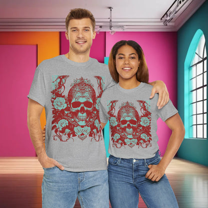 Stylish couple wearing Skulls and Roses Cotton Tee, showcasing its unique steampunk skull and rose design in a trendy setting.