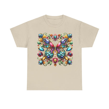 Enchanting Butterfly Brooch Unisex T Shirt Graphic Tee in beige featuring a stunning butterfly motif embellished with vibrant gemstones, ideal for a chic and elegant look.