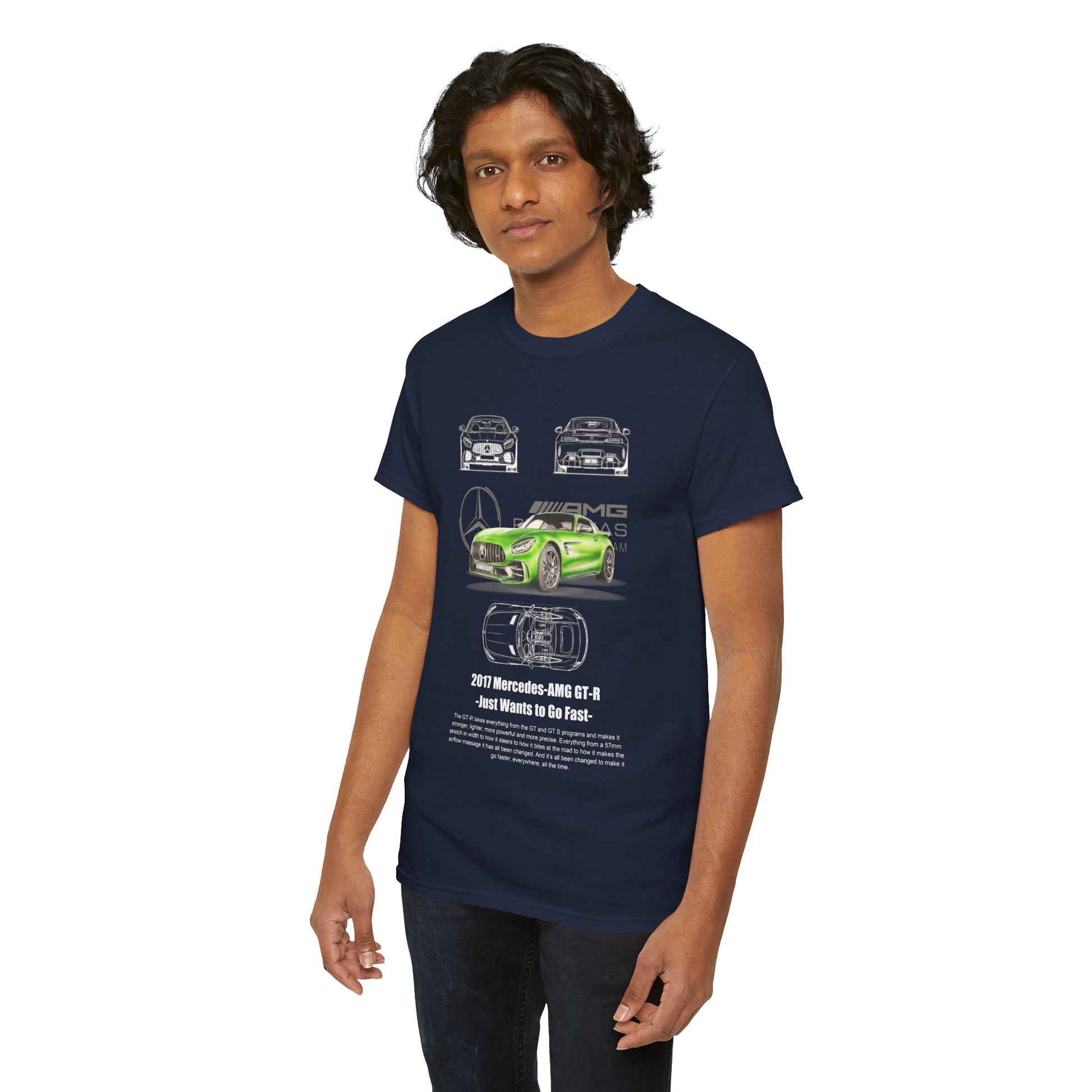 Another model displaying the elegant navy blue Mercedes-AMG GT-R T-shirt, highlighting the car illustrations and motivational phrase.