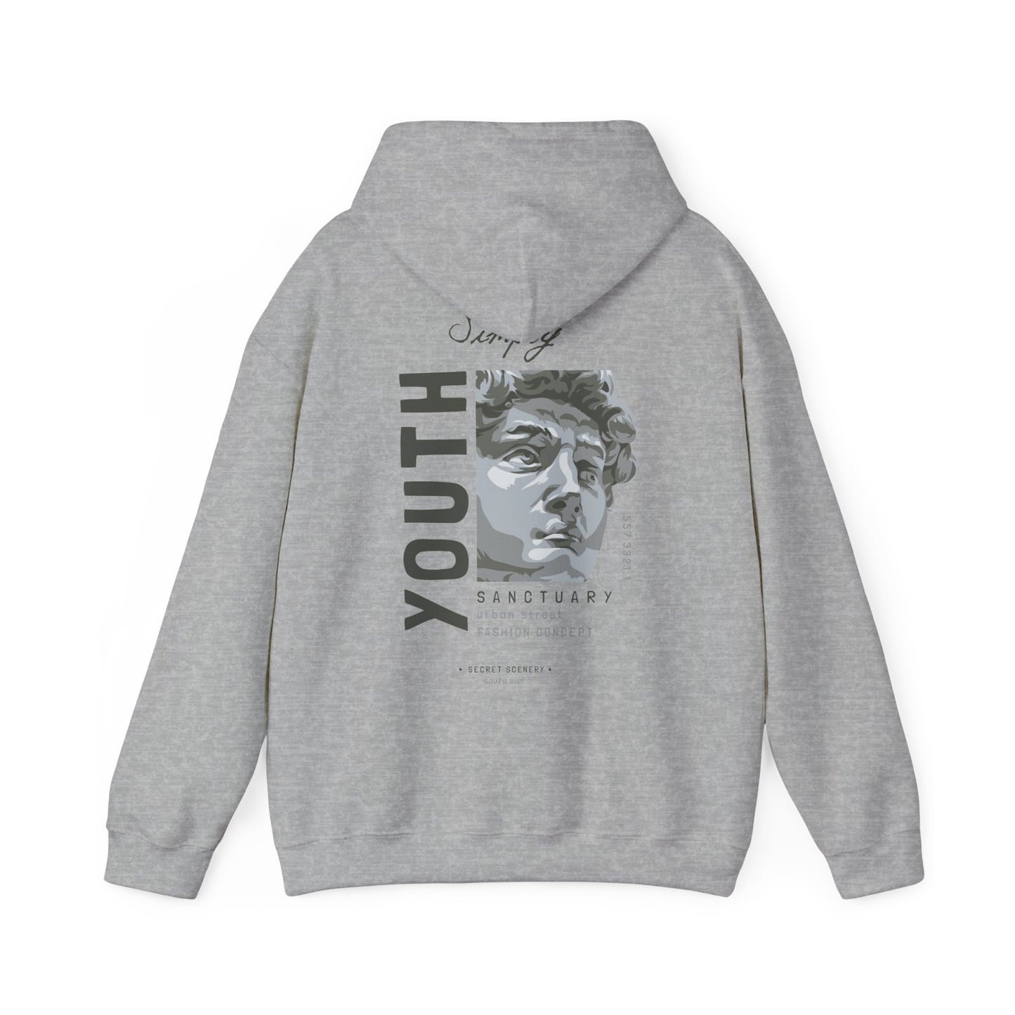 Back view of Urban Sanctuary Youth Hoodie in grey with an elegant graphic that includes the word 'YOUTH' and a sophisticated bust illustration, embodying urban fashion chic.