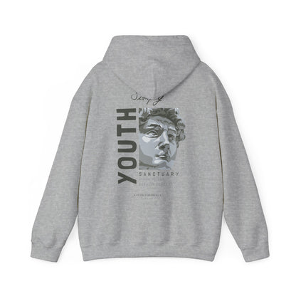 Back view of Urban Sanctuary Youth Hoodie in grey with an elegant graphic that includes the word 'YOUTH' and a sophisticated bust illustration, embodying urban fashion chic.