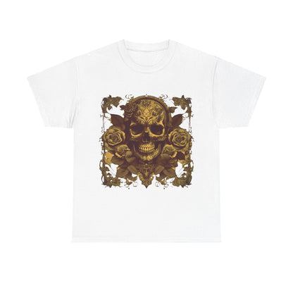 Skulls and Roses Cotton Tee - A sophisticated unisex graphic shirt in white, adorned with a detailed skull and roses design, perfect for alternative style lovers.