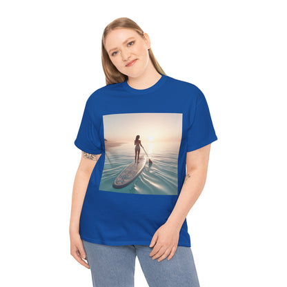Stylish Dazzling Dreams Paddle Board T-Shirt paired with shorts in a scenic lakeside setting, highlighting nature-inspired fashion by Dazzling Dreams Studio.