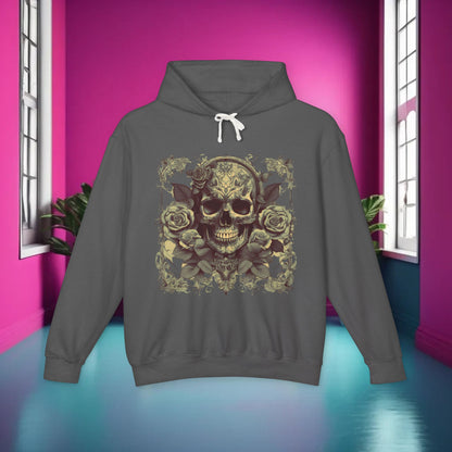 Unisex Lightweight Hooded Sweatshirt featuring a unique designer skull and roses, showcased against a vibrant pink interior.