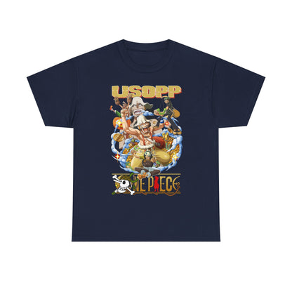Chic navy t-shirt featuring a lavish illustration of Usopp surrounded by iconic figures from One Piece, enhanced by eye-catching golden typography and a magical treasure setting.