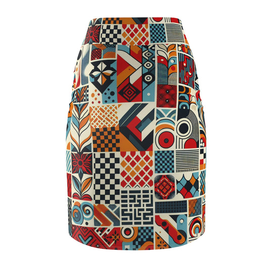 Close-up view of Elara Stirling pencil skirt with bold red checkerboard pattern and elegant organic shapes, highlighting the skirt's quality and style.