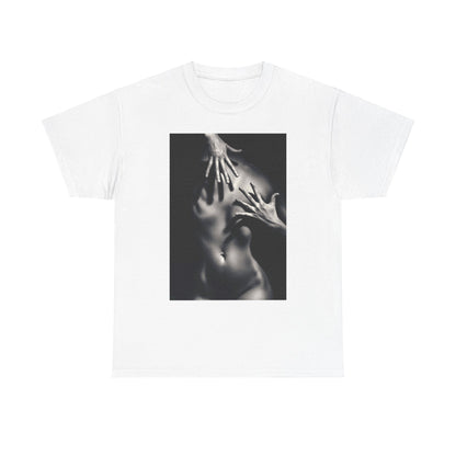 Elegant white tee showcasing a striking black and white graphic print of a human silhouette adorned with hands, blending artistry with a playful statement in fashion.