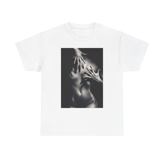 Elegant white tee showcasing a striking black and white graphic print of a human silhouette adorned with hands, blending artistry with a playful statement in fashion.