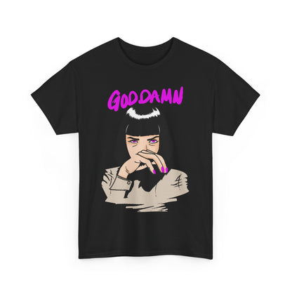 Sophisticated black T-shirt showcasing the captivating 'GODDAMN' design, complete with an artistic portrayal of a character in a light taupe shirt, evoking iconic pop culture aesthetics.