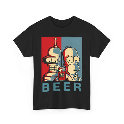 Bender and Homer Beer Poster Graphic T-Shirt Urban Unisex Cotton Tee on a plain background, displaying a unique graphic that embodies humour and culture.
