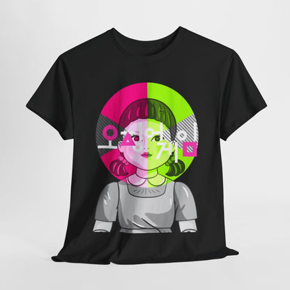 Luxury Squid Game Unisex Men’s Women’s Graphic Cotton Funny T-Shirt featuring a vibrant character design, perfect for fashion-forward individuals who enjoy unique streetwear inspired by popular culture.