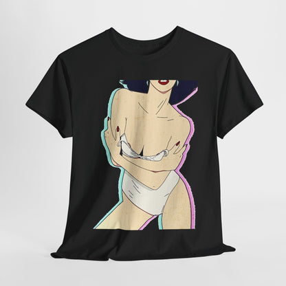 Elegant black t-shirt featuring a vintage-inspired graphic of a stylized female figure in a suggestive pose, framed by pastel gradients. Perfect for adding a touch of artistic flair to urban streetwear.