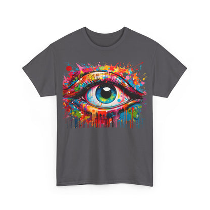 Visionary Drip Graffiti Graphic Unisex T Shirt Tee in grey featuring a striking eye illustration, a testament to high artistry and style.