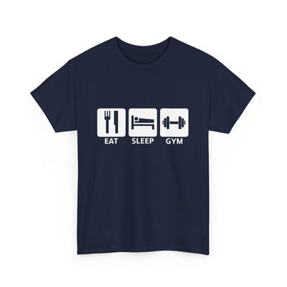Chic navy blue gym t-shirt with a motivational graphic design including icons for 'Eat', 'Sleep', and 'Gym', embodying a lifestyle of health and elegance.