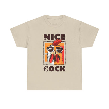 Unisex Nice Cock Graphic Tee featuring a stylish cartoon chicken wearing sunglasses, beautifully crafted in soft cotton for a luxury casual attire.