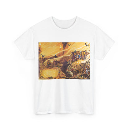 Front view of the exquisite Discworld Color of Magic Graphic Unisex T-Shirt adorned with vibrant artwork depicting Rincewind and the Luggage, celebrating Terry Pratchett's iconic tale.