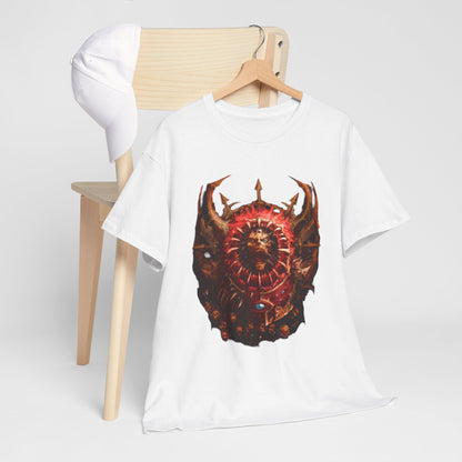 Stylish Warhammer-themed graphic t-shirt artfully arranged on a wooden chair alongside a stylish cap, featuring a captivating red shield design, perfect for those who appreciate unique and luxurious casual wear.