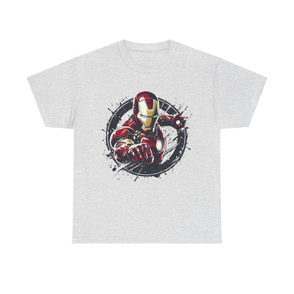 Unleash Your Inner Hero: Iron Man Graphic Unisex Tee Shirt in grey, showcasing a bold representation of Iron Man with dynamic elements.