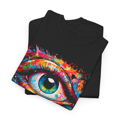 Luxury unisex t-shirt featuring a vibrant graphic design of a stylized eye amidst colourful paint splashes, symbolising artistic expression.