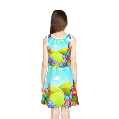 Flared skirt detail of the Lilliana Twinklestitch Butterfly Print Girls Sundress by Dazzling Dreams Studio, representing playful elegance for sunny outings.