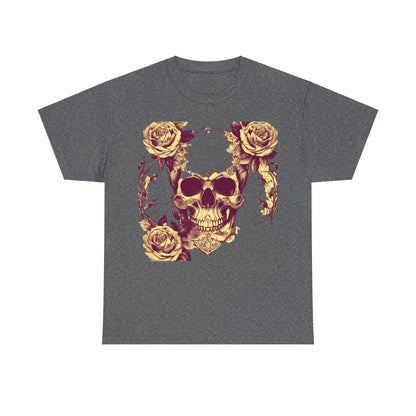 Skulls and Roses Cotton Tee in charcoal, featuring a captivating graphic of skulls surrounded by roses, merging elegance with edgy style for versatile wardrobe choices.