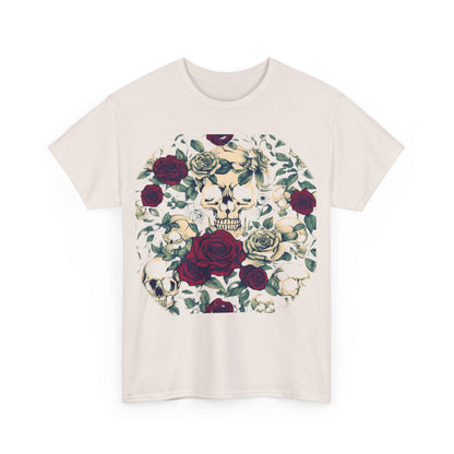 Front view of the Skulls and Roses Cotton Tee in a soft cream colour, featuring an elegant graphic of skulls and roses, perfect for expressing a unique and stylish flair.
