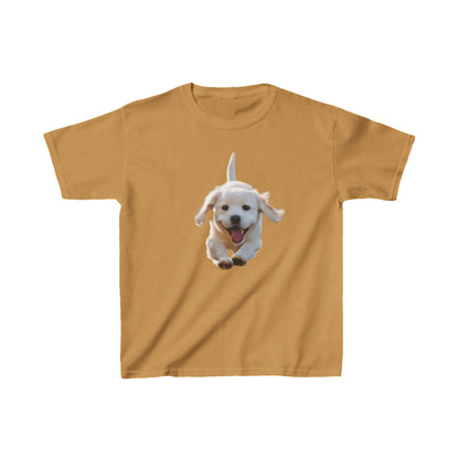 Leaping Puppy Kids Tee featuring a delightful leaping puppy motif on a rich golden yellow cotton t-shirt, crafted for comfort and whimsical style.