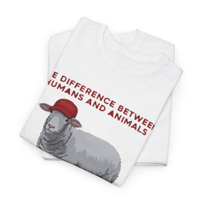 Elegant white t-shirts folded together, showcasing a playful design of a sheep in a red cap, ideal for those who appreciate unique political commentary and style.