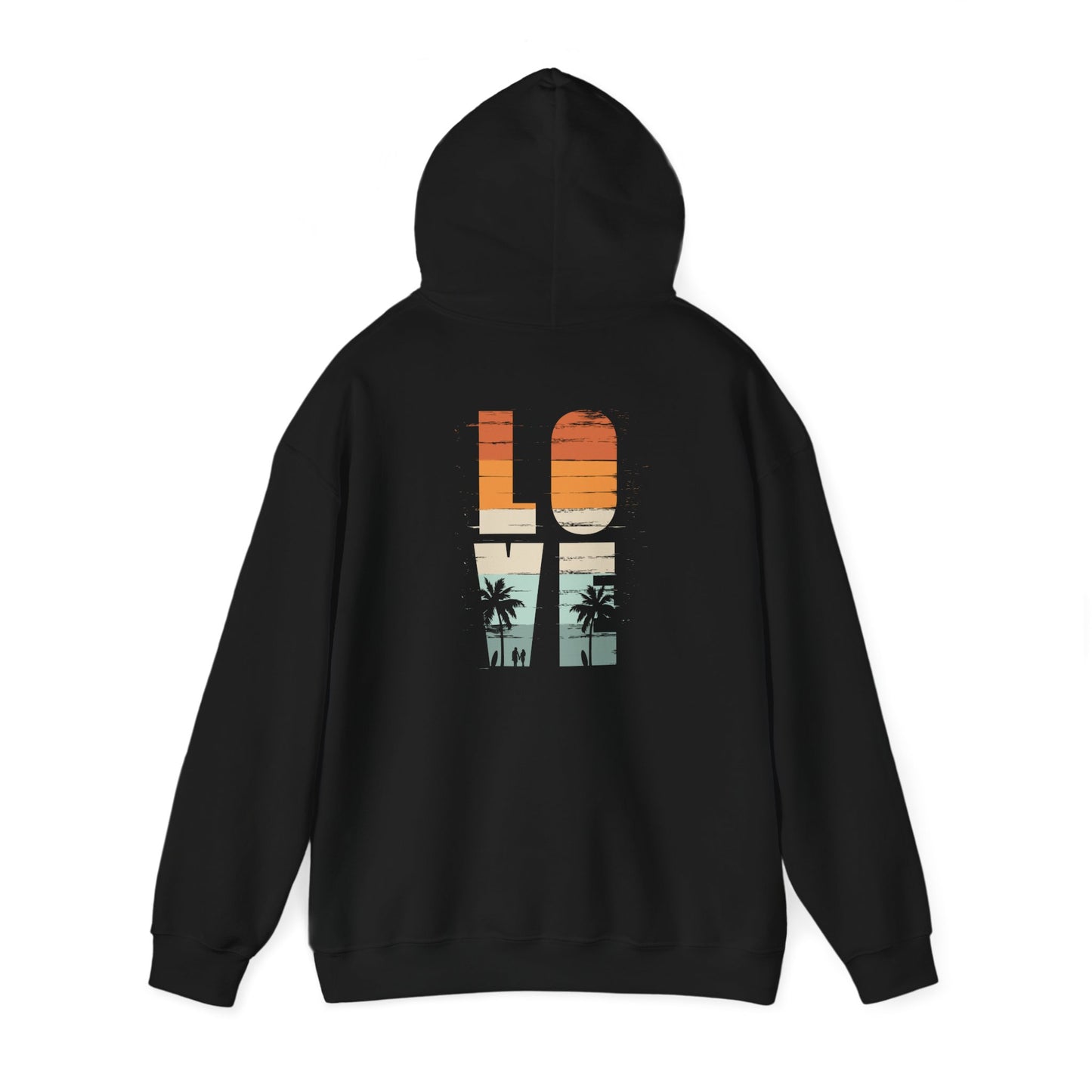 Stylish black Vintage Love Hoodie, beautifully displaying the word 'LOVE' in a colourful retro design with palm trees, ideal for adding a touch of luxury to any casual outfit.