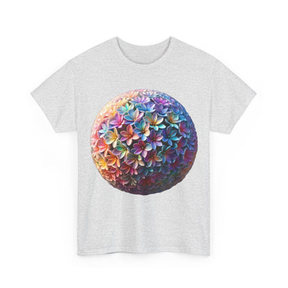 Iridescent Floral Sphere Unisex Cotton Tee in grey, adorned with a captivating floral sphere graphic, perfect for those who appreciate luxurious comfort.