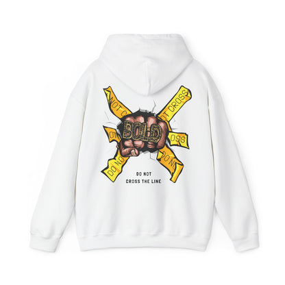Luxurious white hoodie featuring a striking back print of a bold clenched fist adorned with a diamond-encrusted ring, surrounded by vibrant yellow warnings stating 'DO NOT CROSS THE LINE'. Perfect for making a fashionable statement while embracing comfort.
