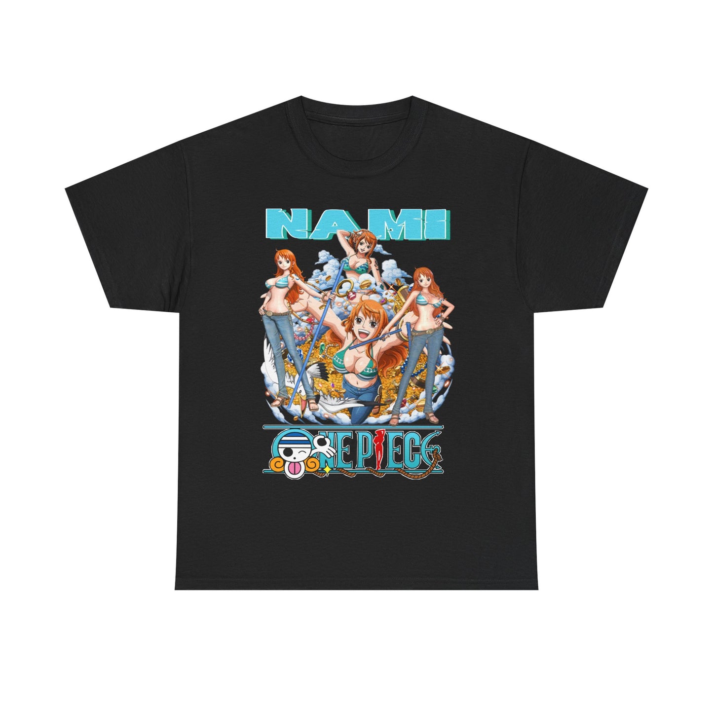 Elegant Nami anime t-shirt design in sleek black, featuring captivating illustrations of Nami celebrating adventure, ideal for stylish fans.