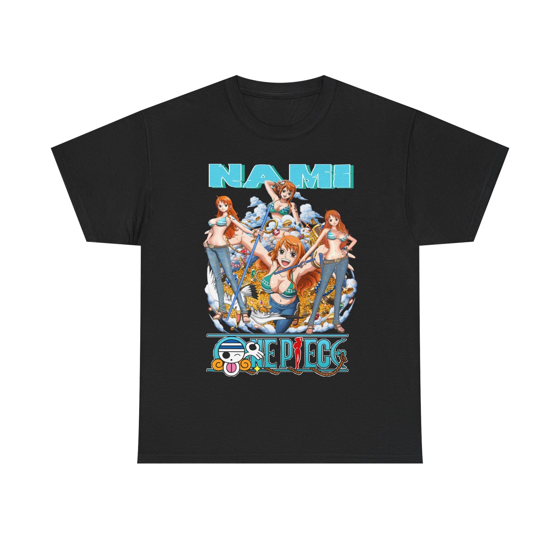 Elegant Nami anime t-shirt design in sleek black, featuring captivating illustrations of Nami celebrating adventure, ideal for stylish fans.