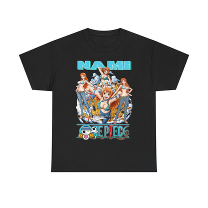 Elegant Nami anime t-shirt design in sleek black, featuring captivating illustrations of Nami celebrating adventure, ideal for stylish fans.