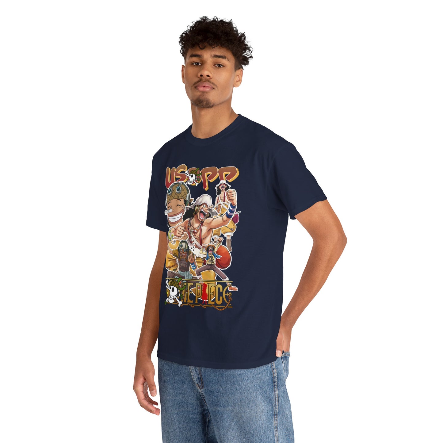 Model wearing a luxurious navy blue anime t-shirt featuring a dynamic collage of characters, providing a stylish look for casual outings and anime conventions.