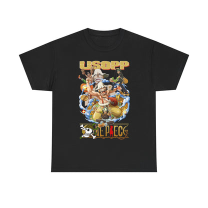 Luxurious One Piece Usopp anime t-shirt, featuring a vibrant graphic design of beloved characters, showcasing an adventurous spirit, perfect for anime enthusiasts.