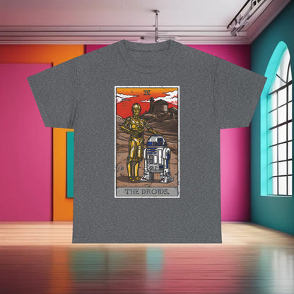 The Droids Tarot Card Graphic T-Shirt Urban Unisex Cotton Tee in grey displayed in a stylish environment, featuring C-3PO and R2-D2 with vibrant sunset hues.