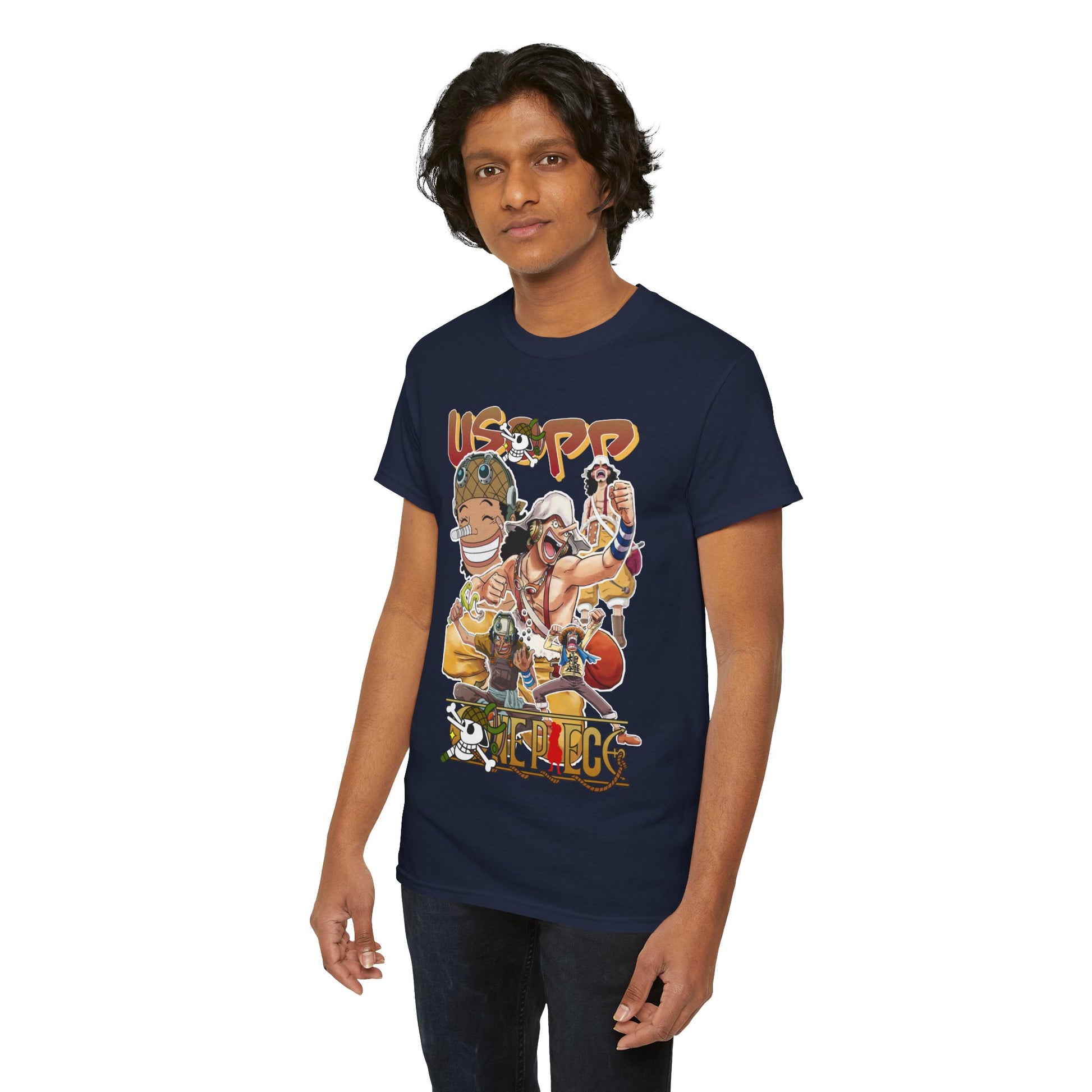 Another model showcasing the elegant navy blue anime t-shirt, highlighting its unique design with beloved characters, ideal for trendy fashion lovers.
